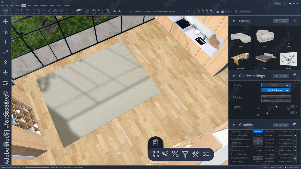 Poster screen template of an interior design computer software. designer creating a kitchen space layout, o