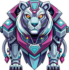 A whimsical, futuristic lion featuring bright, glowing LED eyes and a robotic body, showcasing a blend of nature and technology