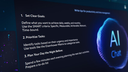 Large Language Model Software Generating Productivity Tips, Emphasizing Goal Setting, Task Prioritization, Consistency and Gradual Progress. Interface with Sleek Design and an AI Chat Logo