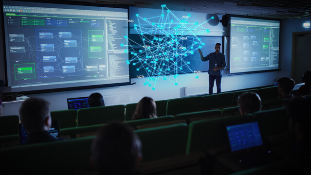 Teacher Lectures on AI with Futuristic Holographic Interface and Data Visualization. Teaching Diverse Students in a Modern Classroom. Interactive Presentation Highlights Advanced Technology Topics