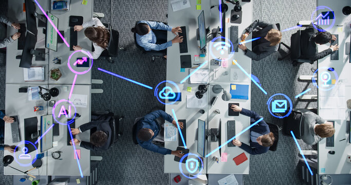 Online Services Visualization in a Diverse Modern Office Environment. Top Down View on a Futuristic Animation with Different Technology Icons: Cloud Computing, Storage, Data Protection, Wi-Fi Internet