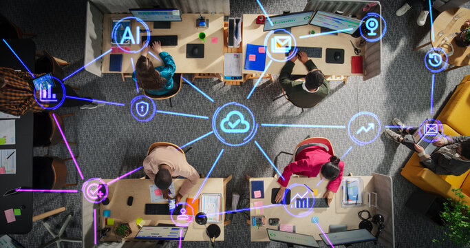 Top Down View of a Team of Diverse Office Managers Working on Computers, Tablets and Smartphones, Using Everyday Online Tools: Calendars, Emails, Analytics, Artificial Intelligence, Messaging Apps