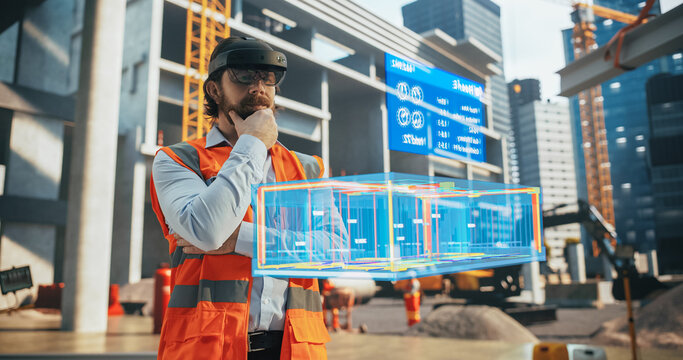 Caucasian Male Architect Using a Mixed Reality Headset to Visualize and Manipulate 3D Building Models on a Construction Site, Enhancing Precision and Efficiency in Architectural Design and Planning