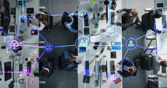 Artificial Intelligence and Machine Learning Tools Visualization Inside a Business Office. Professional Team of Managers Using Online Software for Commercial Daily Operations and Communication