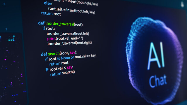 Close Up on Computer Screen with an Artificial Intelligence Chat Bot Creating a Unique Software Code Live on Display. Internet User Asked a LLM Model a Prompt to Generate a Programmer's Code