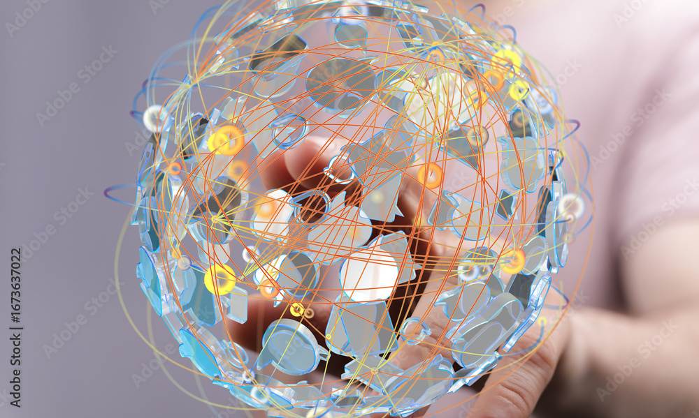 Poster abstract image of a person interacting with a digital globe representing global connections and netw