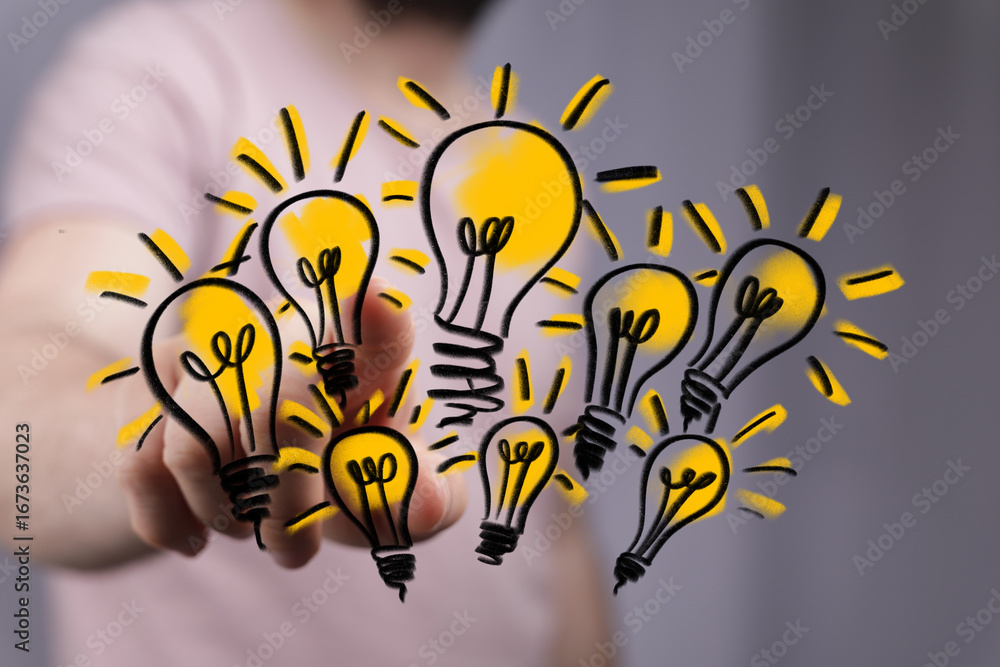 Aufkleber image of hand interacting with multiple lightbulb illustrations symbolizing innovation and creativit