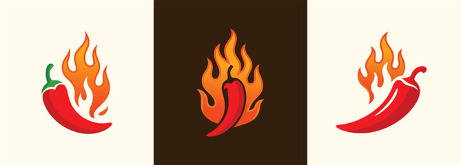 Flaming fire Chili Logo Set Hot Pepper and Spicy Food Icons

