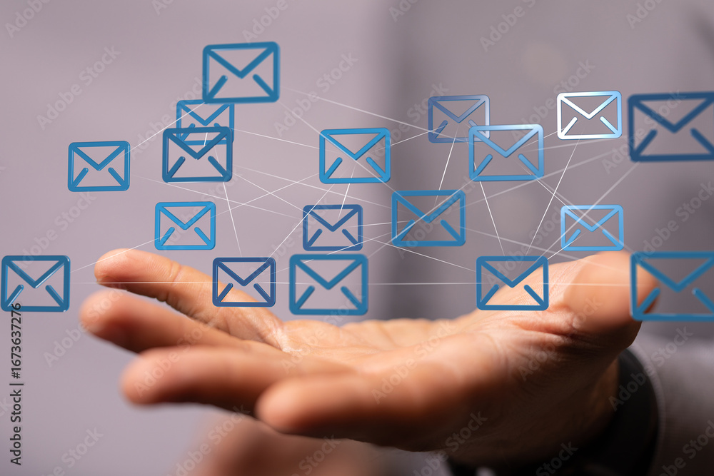 Aufkleber image of interconnected email icons, representing global communication and networking.