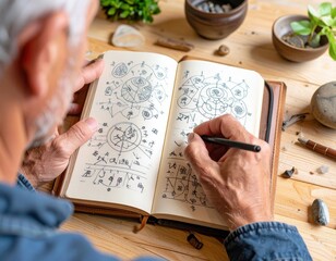 Naklejka premium Senior Man Writing In A Journal With Geometric Patterns