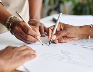 Diverse Hands Collaborating On Design Drawings