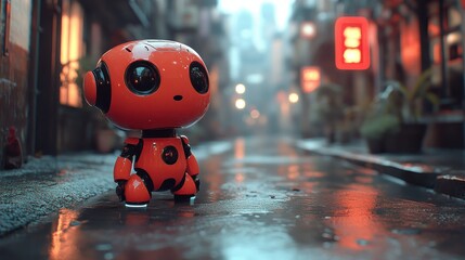 Naklejka premium Cute orange robot in a wet alley