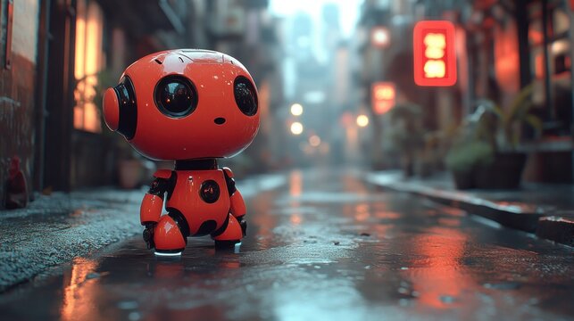 Cute orange robot in a wet alley