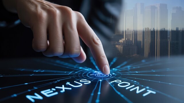 Nexus Point Activation with Finger Touching Futuristic Interface in Urban Cityscape for Connectivity