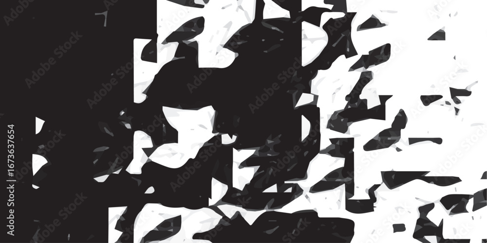 Fototapete abstract fragmented mosaic of black and white shapes and textures, creating a dynamic and broken vis
