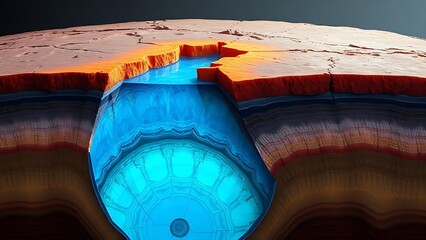 Underground water reservoir illustration showing layers of earth and bright blue water with glowing effect cross section view
