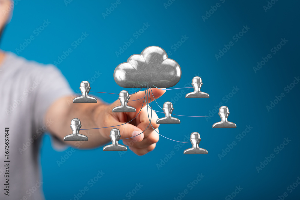 Poster image depicting a hand interacting with a cloud network, illustrating secure data sharing and collab
