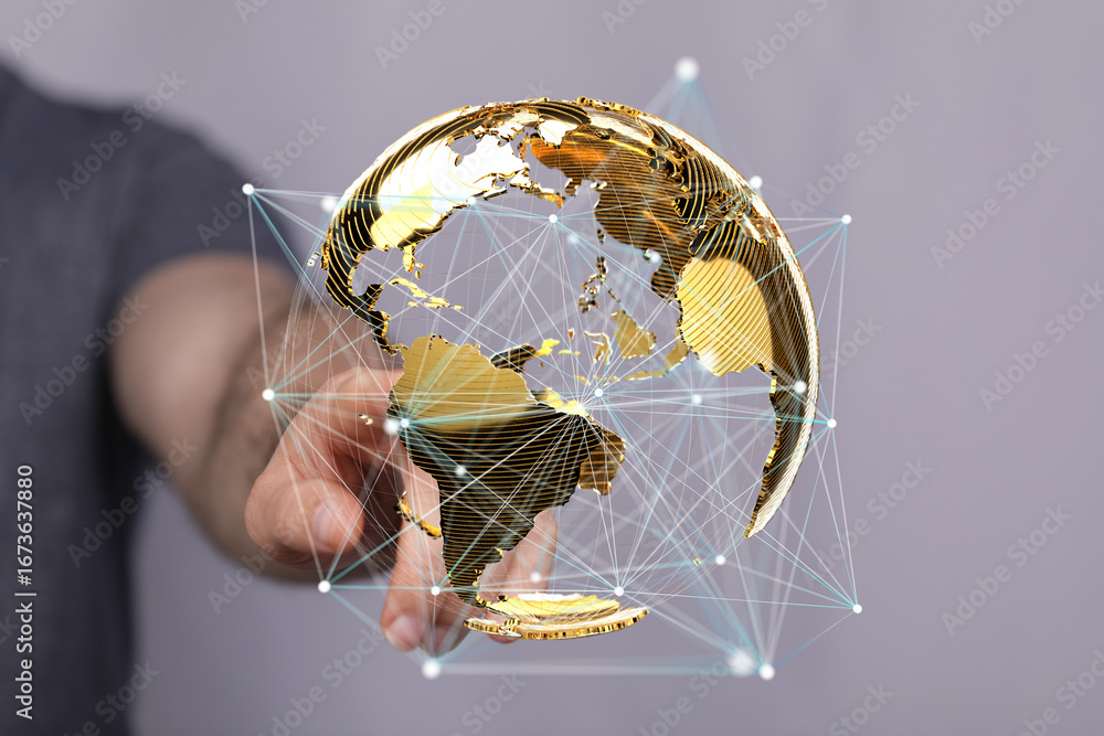Poster hand interacting with a digital golden globe, symbolizing global connections and networking.