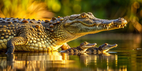Fototapeta premium A large crocodile rests alongside two young hatchlings in a calm river, surrounded by lush greenery, as the warm golden light of the evening sun reflects on the water