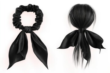 Two black satin hair accessories.  One a circular hair tie, the other a tied headwrap for a ponytail
