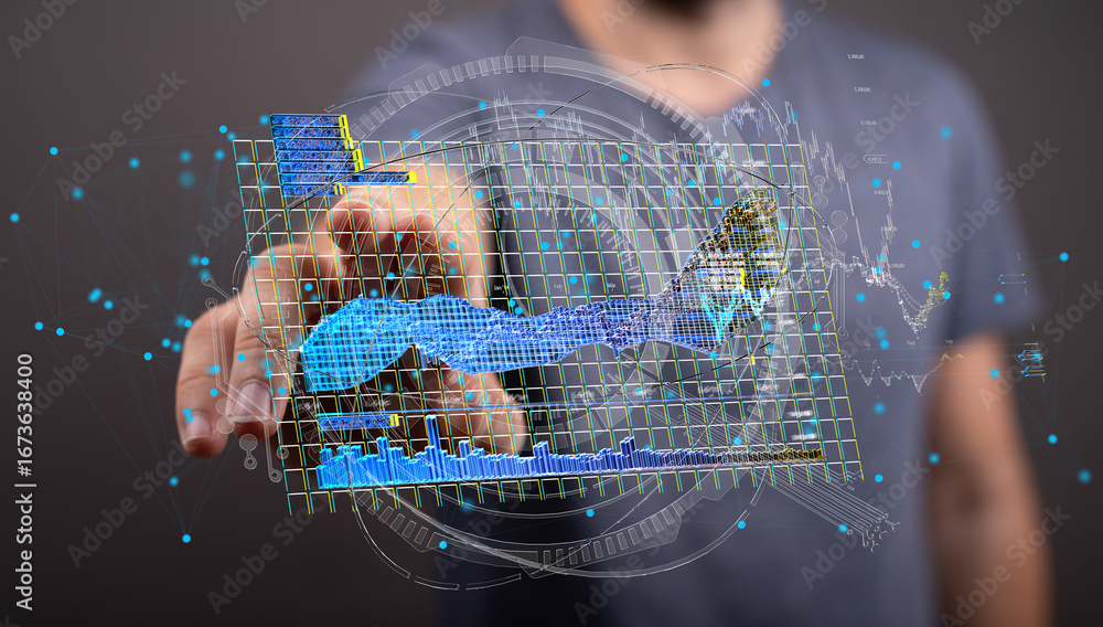 Aufkleber businessman interacts with a holographic 3d chart visualizing data trends and analytics.