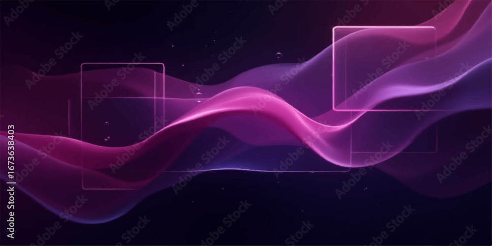 Poster dynamic blue and pink lines create a futuristic light wave design on an abstract purple backdrop