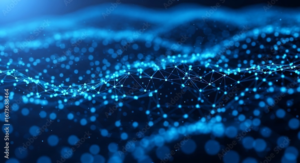 Poster abstract blue digital network with glowing particles and connections, representing technology and da