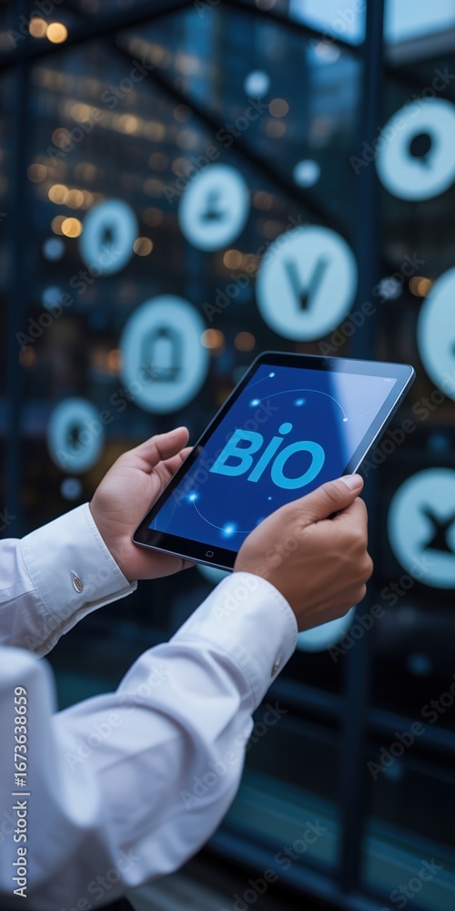 Poster tablet displaying bio logo with abstract network background representing biotechnology innovation