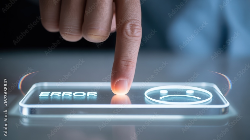 Poster finger touching holographic button displaying error message and sad face icon on glass surface