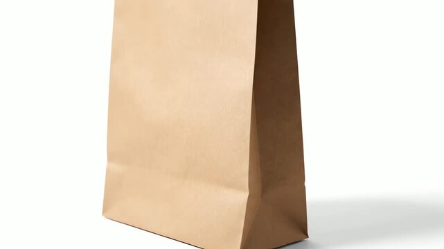 A minimalist, empty brown paper grocery bag stands vertically, captured in a clean, high-key studio shot, isolated on a pure white background.