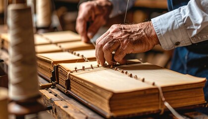 Closeup Of Hands Binding Vintage Books