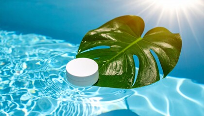 Refreshing Tropical Skincare White cream jar and green monstera leaf floating on shimmering blue water under bright sun, symbolizing natural beauty and summer wellness