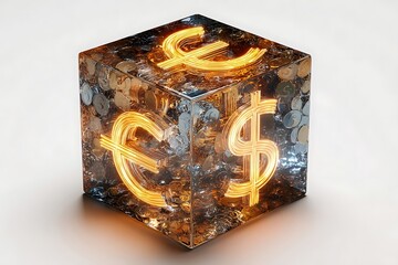 Glowing Euro and Dollar symbols encased in a cube filled with shimmering coins represent global financial exchange and wealth.