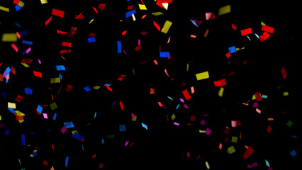 Bright confetti in various colors cascades down against a dark background, adding joy to the festive occasion.