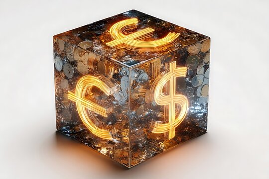 Glowing Euro and Dollar symbols encased in a cube filled with shimmering coins represent global financial exchange and wealth.
