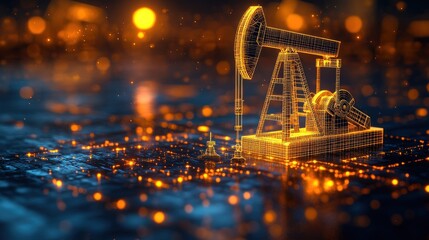 Digital oil rig, wireframe model, glowing particles
