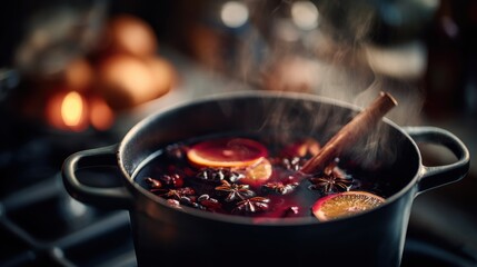 A pot of steaming mulled wine with orange slices and spices. The background features blurred warm lights, creating a cozy atmosphere.