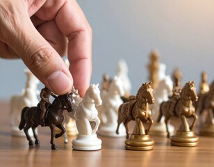 Hand Moving Chess Pieces On Wooden Board