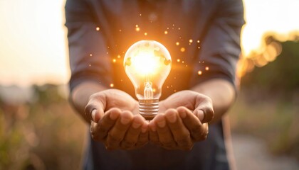 Hands Holding Glowing Lightbulb Outdoors