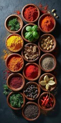 Colorful Assortment of Spices in Wooden Bowls – Fresh Herbs and Seasonings for Cooking