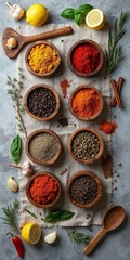 Organic Spices and Herbs Display – Turmeric, Cumin, Chili, Basil, and More