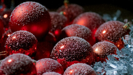 Shiny red Christmas ornaments are adorned with frost, creating a festive atmosphere during the winter holiday season.