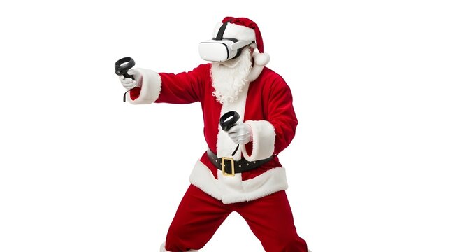 Santa Claus wearing VR headset with controllers, ready for virtual reality gaming experience this Christmas season - Powered by Adobe