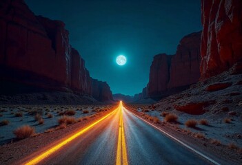 Mystical Desert Landscape – Long Road Stretching Into the Distance Under a Full Moon