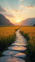 Peaceful Farm Sunset – Stone Pathway Stretching Through a Golden Crop Field