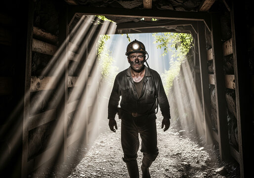 A determined coal miner covered in soot emerges from a dark mine shaft into the bright, dusty daylight, with light rays streaming in. - Powered by Adobe