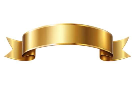 Curved gold ribbon banner with dimensional perspective and lustrous metallic surface creating elegant decorative element, isolated on white or transparent background. PNG