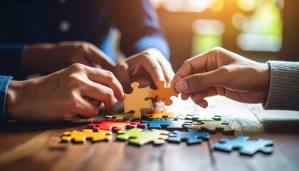 Team Solving Jigsaw Puzzle On Wooden Table