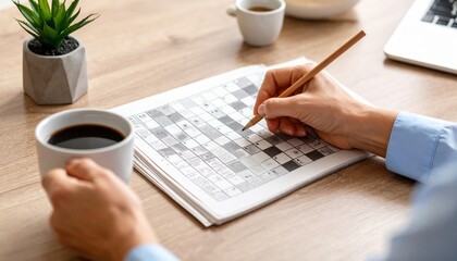 Person Solving Crossword Puzzle With Coffee