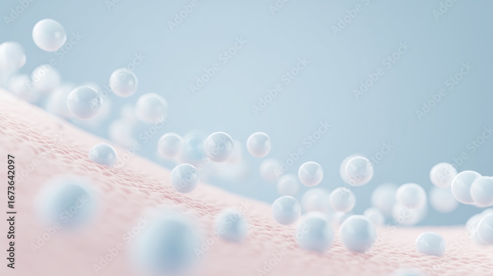 Poster abstract illustration of floating white spheres on a soft textured surface, creating a serene atmosp